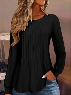 Kadın Uzun Kollu Yuvarlak Yaka Nervürlü Bluz