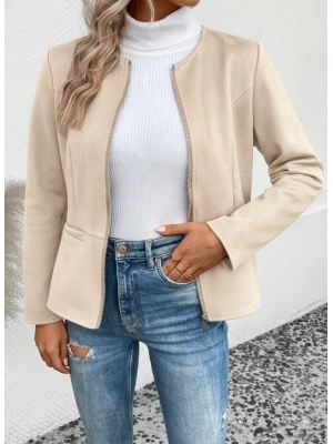 Kadın Uzun Kollu Yuvarlak Yaka önden Fermuarlı Süet Ceket