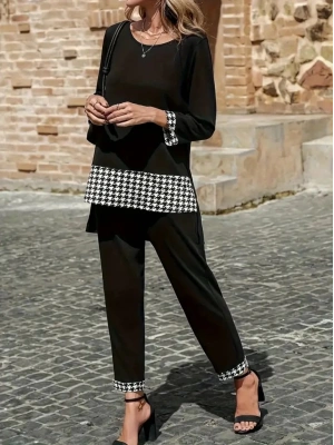 Kadın Uzun Kollu Yuvarlak Yakalı Kaz Ayağı Detaylı Viskon Iki Iplik Bluz Ve Pantolon Ikili Takım