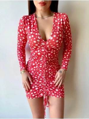 Kadın V Yaka önü Asansör Büzgü Detay Fırsat ürün Puantiyeli Mini Elbise