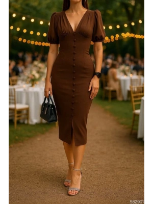 Kadın V Yaka Önü Düğmeli Sırt Pencere Dekolte Elbise