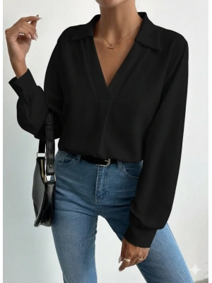 Kadın V Yaka Uzun Kollu Mosskrep Kumaş Bluz