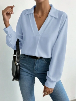 Kadın V Yaka Uzun Kollu Mosskrep Kumaş Bluz