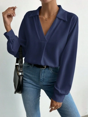 Kadın V Yaka Uzun Kollu Mosskrep Kumaş Bluz