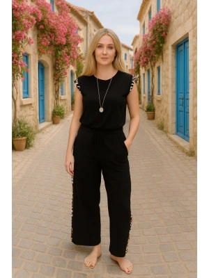 Kadın Yarasa Kol Dijital Baskı Detay Bluz Ve Yanı şerit Detay Kristal Kumaş Pantolon Ikili Takım