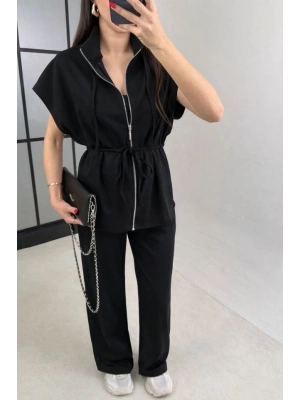 Kadın Yarasa Kol Fermuar Ve Lastikli Bağcık Detay Ceket Pantolon Ikili Takım