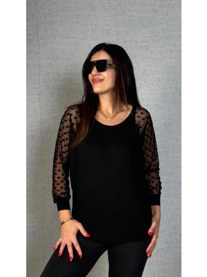 Kadın Yarasa Kol Puantiyeli Tül Detay Bluz