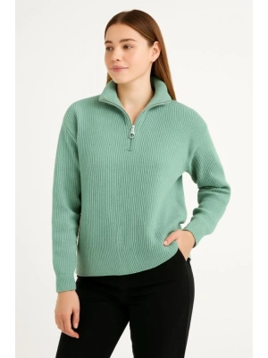 KADIN Yarım Fermuarlı Triko Kazak – Selanik Örgü, Dik Yaka, Pamuklu Dokuma, Oversize Uzun Kollu Kışlık Model - Mint Yeşili