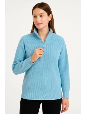 KADIN Yarım Fermuarlı Triko Kazak – Selanik Örgü, Dik Yaka, Pamuklu Dokuma, Oversize Uzun Kollu Kışlık Model - Bebe Mavisi