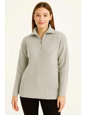 KADIN Yarım Fermuarlı Triko Kazak – Selanik Örgü, Dik Yaka, Pamuklu Dokuma, Regular Fit Uzun Kollu Kışlık Model - Gri