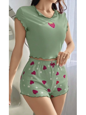 Kadın Yeşil Çilek Desenli Askılı Şortlu Pijama Takım 5004