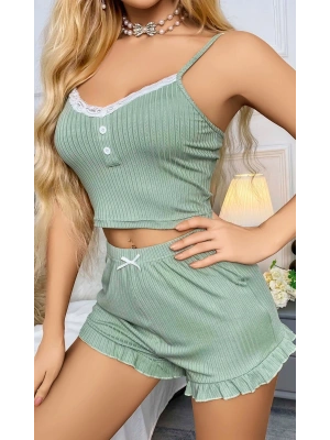 Kadın Yeşil Dantel Detaylı Şortlu Gecelik Pijama Takımı 5014