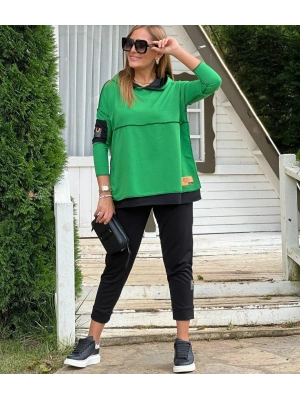 Kadın Yeşil Kapşonlu Etek Ucu Detay Arma Ters Dikiş Gorunumlu Ikili Takım