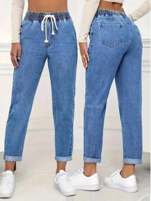 Kadın Yüksek Bel Bağcıklı Kot Pantolon