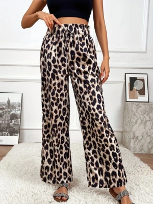 Kadın Yüksek Bel Beli Lastikli Bağcıklı Leopar Desenli Süprem Pantolon