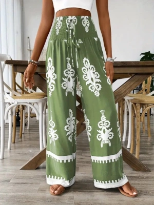 Kadın Yüksek Bel Büzgülü Etnik Desen Baskılı Süprem Pantolon