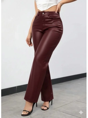 Kadın Yüksek Bel Cepli Deri Pantolon