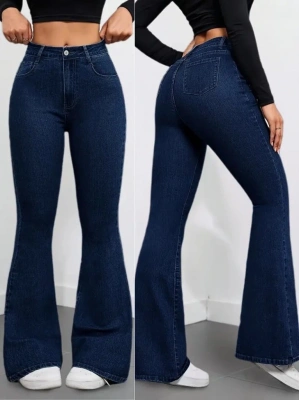 Kadın Yüksek Bel Cepli İspanyol Paçalı Kot Pantolon