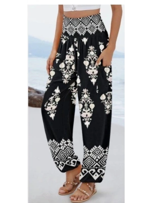 Kadın Yüksek Bel Desenli Lastikli Süprem Pantolon