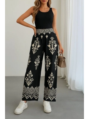 Kadın Yüksek Bel Desenli Lastikli Süprem Pantolon