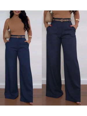 Kadın Yüksek Bel Geniş Paça Detaylı Cepli Ithal Krep Pantolon