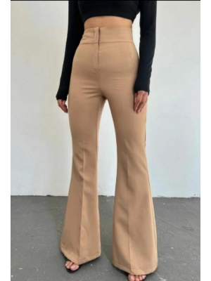 Kadın Yüksek Bel Ispanyol Paça Atlas Kumaş Pantolon
