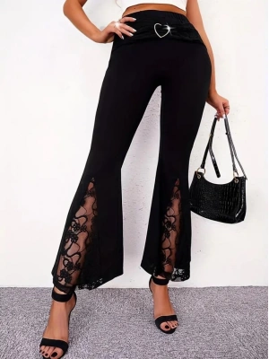 Kadın Yüksek Bel Kalpli Kemer Dantel Detaylı Dalgıç Pantolon