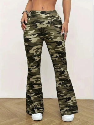 Kadın Yüksek Bel Kamuflaj Desenli Dalgıç Tayt