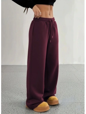 Kadın Yüksek Bel Lastikli Bağcıklı Geniş Kesim Dalgıç Mürdüm Pantolon