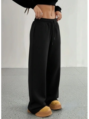 Kadın Yüksek Bel Lastikli Bağcıklı Geniş Kesim Dalgıç Pantolon