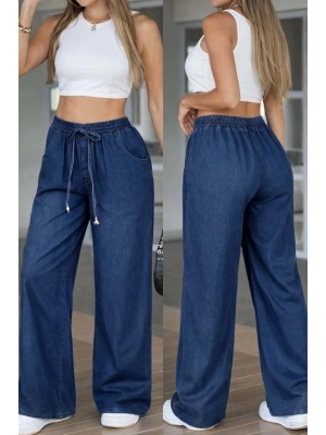 Kadın Yüksek Bel Lastikli Bağcıklı Kot Pantolon