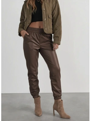 Kadın Yüksek Bel Lastikli önü Düğmeli Deri Pantolon