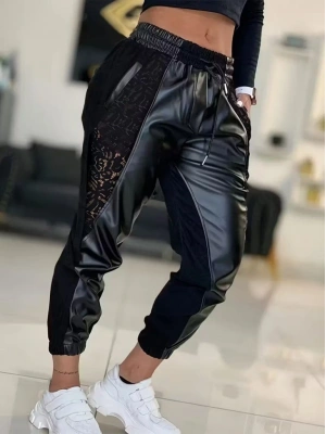 Kadın Yüksek Bel Lastikli Yanda Dantel Detaylı Bağcıklı Deri Pantolon