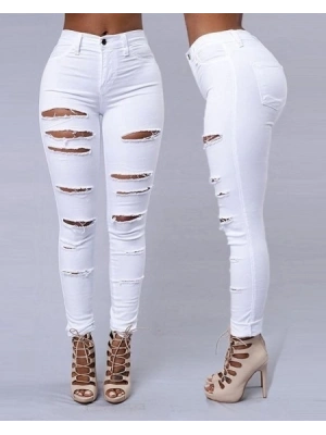 Kadın Yüksek Bel Lazer Yırtık Desenli Kot Pantolon