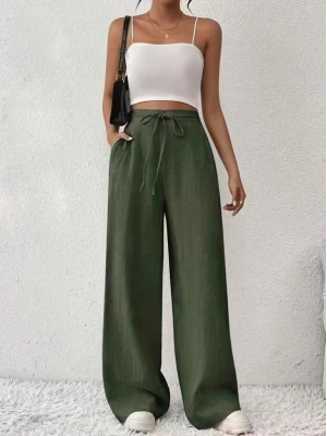Kadın Yüksek Bel önden Bağlamalı Geniş Kesim Keten Pantolon