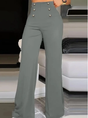 Kadın Yüksek Bel önden Düğmeli Uzun Paçaya Doğru Geniş Ithal Krep Pantolon