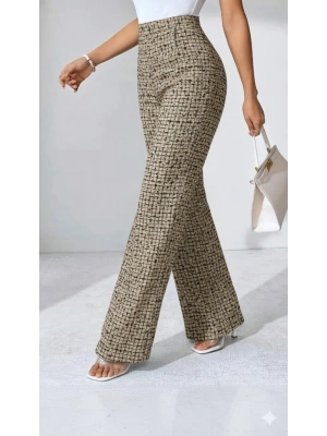 Kadın Yüksek Bel Paçaya Doğru Geniş Dokuma Pantolon