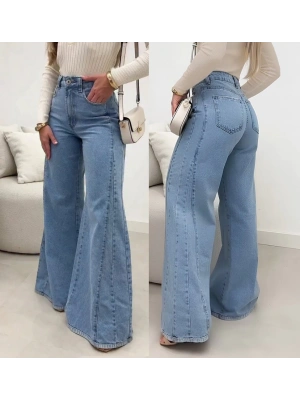 Kadın Yüksek Bel Paçaya Doğru Geniş Kesimli Kot Pantolon