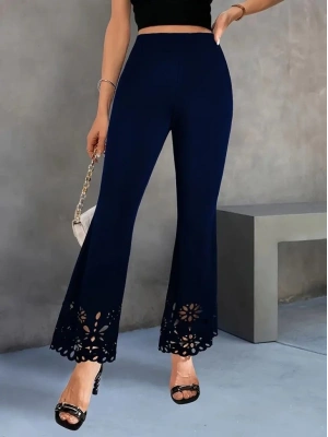 Kadın Yüksek Bel Paçaya Doğru Genişleyen Lazer çiçek Kesim Detaylı Ithal Krep Pantolon