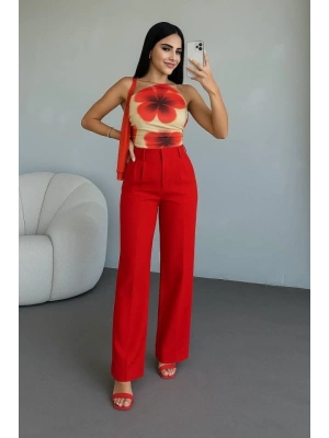 Kadın Yüksek Bel Plise Detay Bol Paça Pantolon