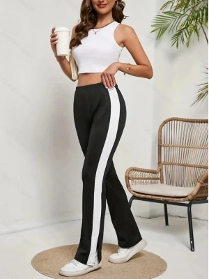 Kadın Yüksek Bel Yan şerit Detaylı Yırtmaçlı Viskon Iki Iplik Pantolon