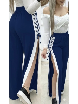 Kadın Yüksek Bel Yandan çapraz Bağcıklı Yırtmaçlı Viskon Iki Iplik Pantolon