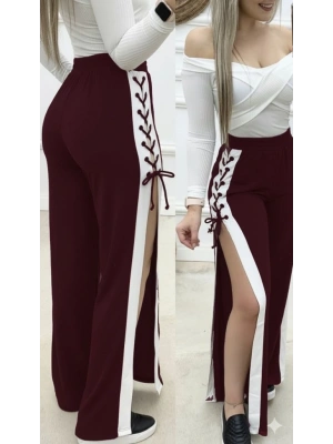 Kadın Yüksek Bel Yandan çapraz Bağcıklı Yırtmaçlı Viskon Iki Iplik Pantolon