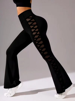 Kadın Yüksek Bel Yanları çapraz Tül Detaylı Dalgıç Tayt