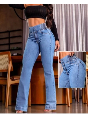 Kadın Yüksek Bel Yanları Lastik önü Düğmeli Kot Pantolon