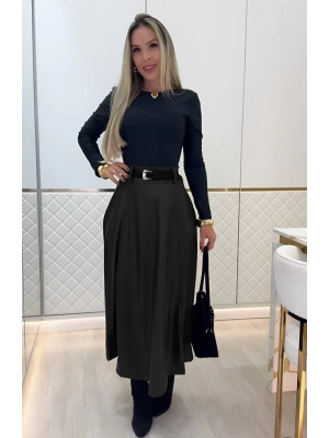 Kadın Yüksek Belli Maxi Deri Kemersiz Etek