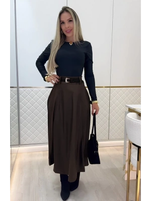 Kadın Yüksek Belli Maxi Deri Kemersiz Etek