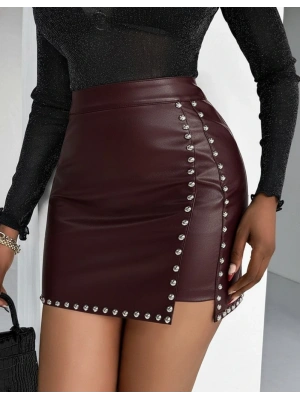Kadın Yüksek Belli Yandan çivili Mini Deri Etek
