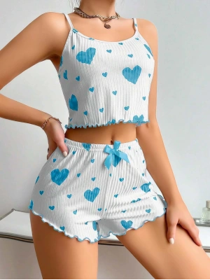 Kadın Beyaz Mavi Kalp Desenli Askılı Şortlu Pijama Takım 5043