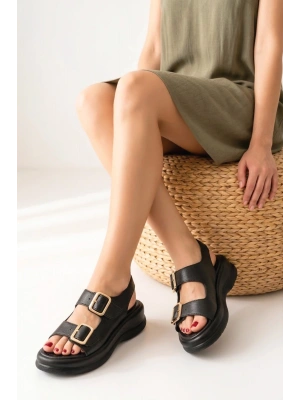 Kaji Siyah Cilt Çift Tokalı Sandalet